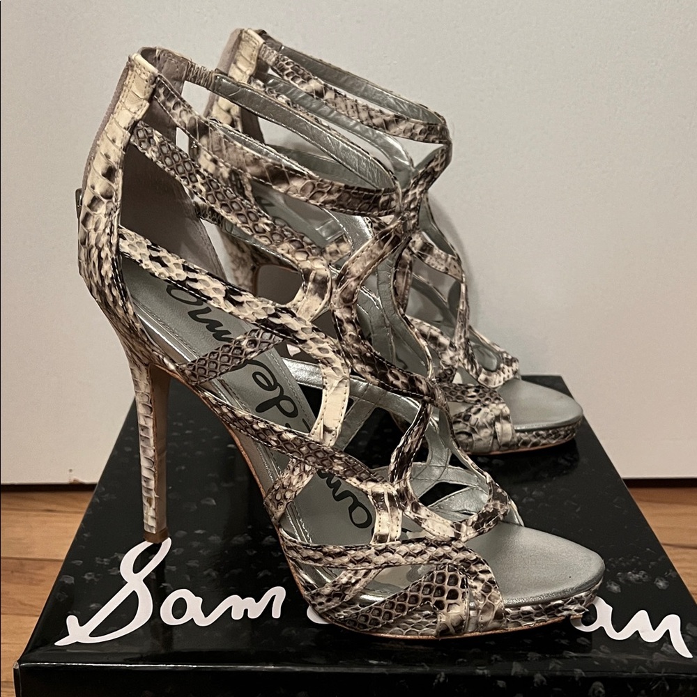 Sam Edelman Snakeskin Strappy Heels - Black and Cream